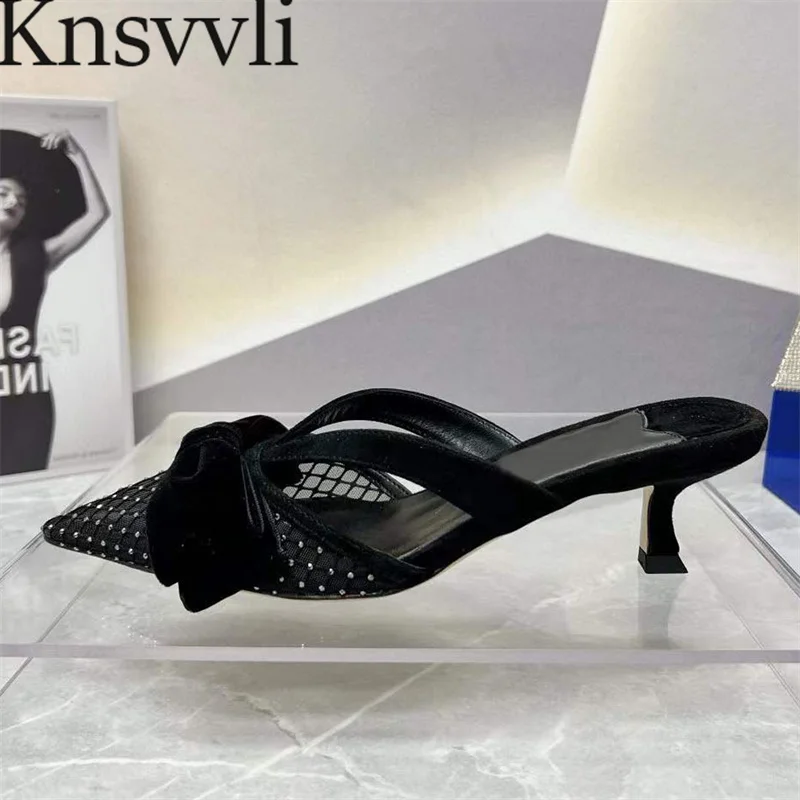 

New Kitten Heels Slippers Women Pointed Toe Satin Slides Woman Butterfly-knot Party Shoes Rhinestone Mesh Runway Slippers Woman