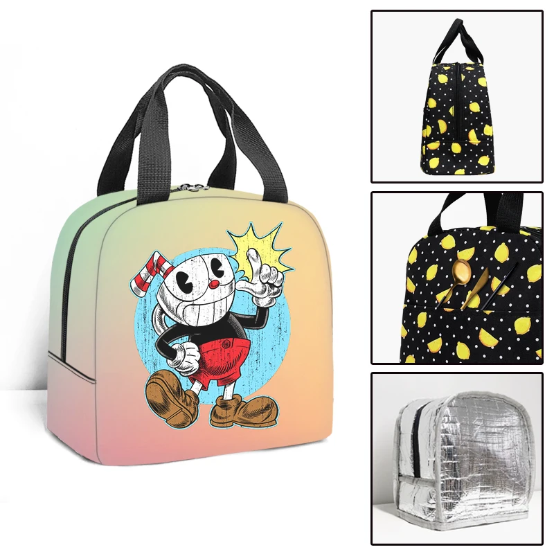 Cartoon Cuphead Portable Cooler Lunch Bag Cute Student Thermal Insulated Food Bag Travel Picnic Lunch Box for Men Women Kids