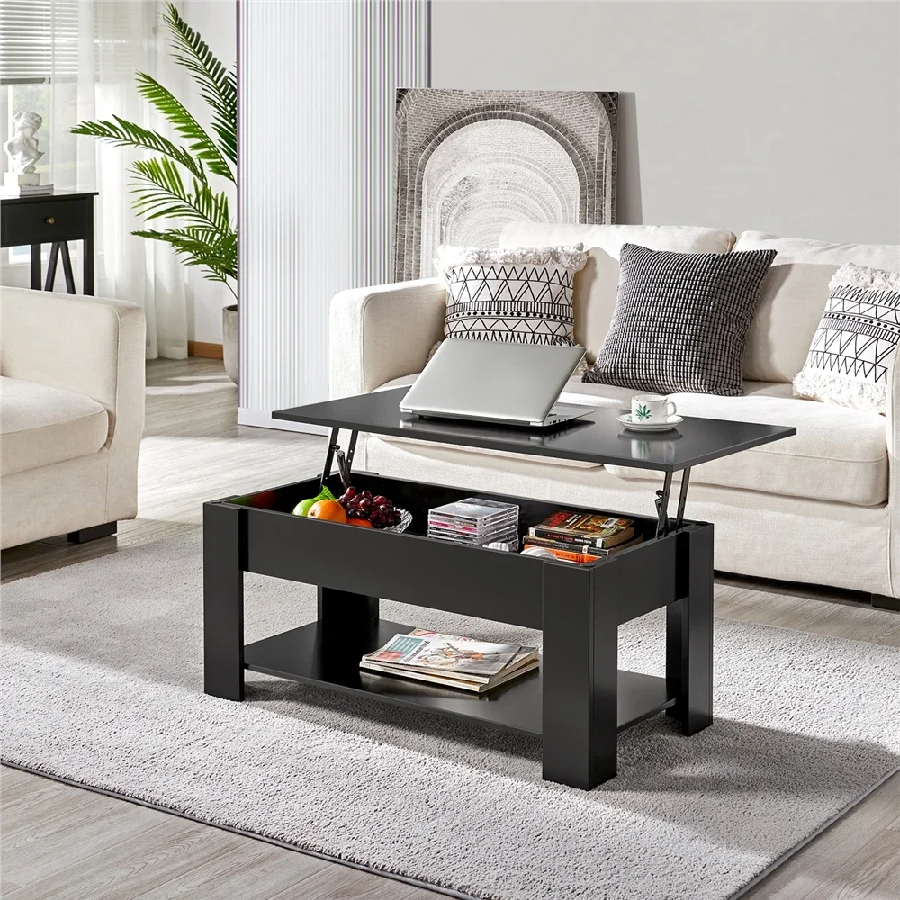 

38.6" Modern Wood Lift Top Coffee Table with Lower Shelf, Black