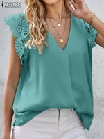 2022 zanzea female fashion casual oversized holiday work tank tops women summer lace patchwork blouse short sleeve v neck shirts