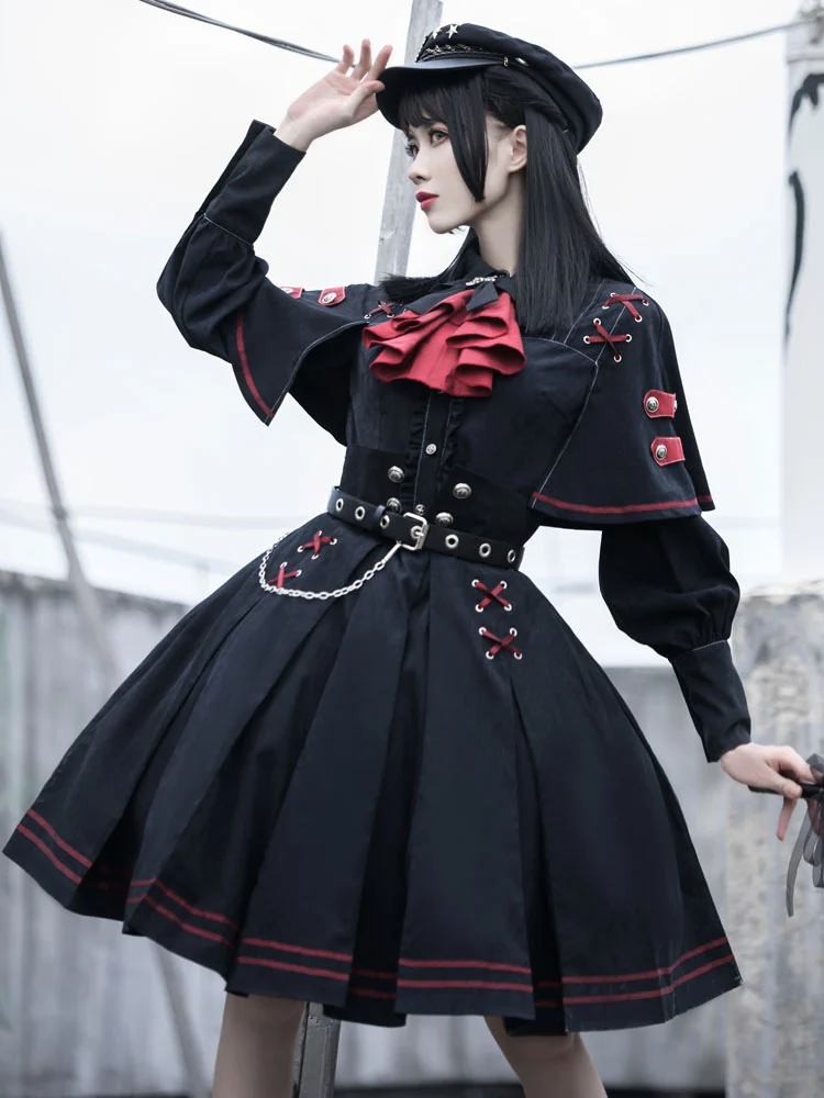 Купи Gothic Lolita OP Dress Military Style 4 Pieces Set Black Academic Lolita Outfits за 5,158 рублей в магазине AliExpress