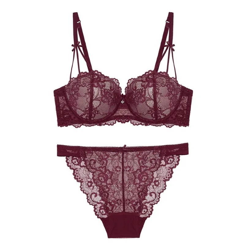 

French Lace Sexy Lingerie Women's Thin Push Up Bra Floral Embroidery Lace Solid Ultra Thin Cup Ladies Underwear Bra Set