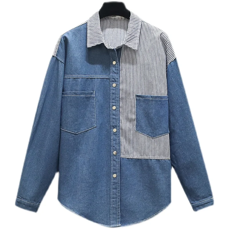 

Summer Blouse Long Sleeve Top Female Clothing Korean Fashion Polo Shirt Denim Leisure Pocket Patchwork Stripes Loose Houthion