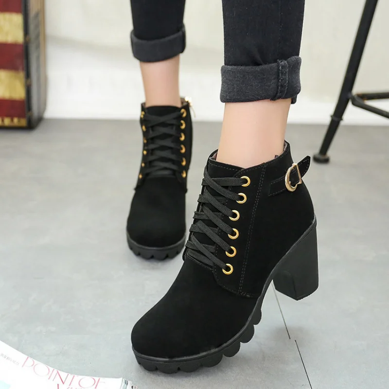 High-heeled Snow Boots Winter New Women Boots Cross Lace Up Short Boots Thick-heeled Zipper Boots Plus Size Woman Boots