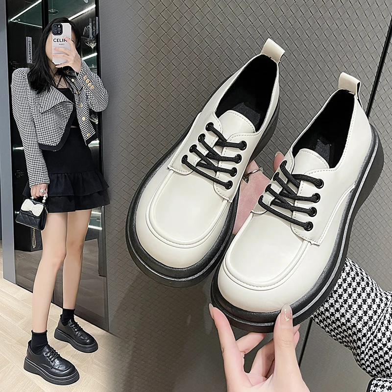 

New In Leather Shoe Woman British Style Platform Block Heel Single Shoes Fashion Retro Simple Lace-up Shoes Woman Autumn 2023