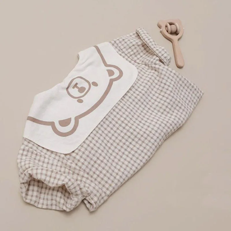2022 Summer New Baby Cute Cartoon Bear Print Short Sleeve Bodysuit Infant Boy Bear Clothes Cotton Toddler Baby Plaid Jumpsuit