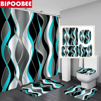 Sky Blue Wavy Line Shower Curtain Bathroom Decor Waterproof Curtains Black and White Striped Bath Mat Non-Slip Rugs Toilet Cover