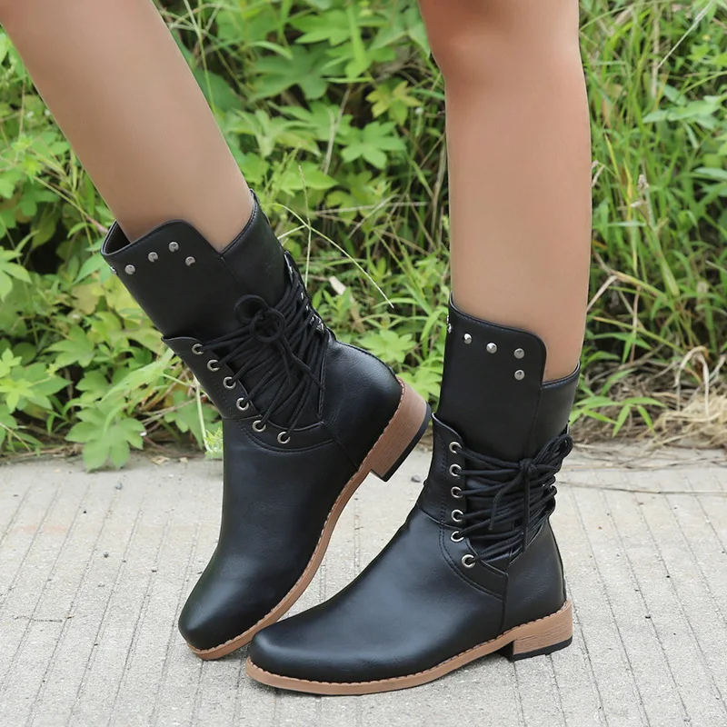 

Women Boots Zip Cross Straps Mid-calf Boots 2022 Autumn Winter Cowboy Short Boots Retro Martin Boot Plus Size Boots Botas Mujer