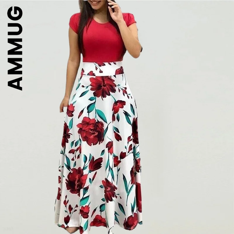 

Женское платье с коротким рукавом, круглым вырезом и цветочным принтом