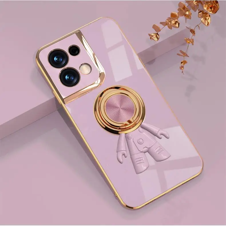 

6D Luxury Astronaut Plating Case For OPPO Reno 7 SE 7 Pro 6 Pro 5 Find X3 X3Pro X2 3Pro Plating Square Cover With Ring Holder