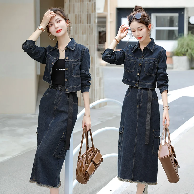 Комплект из двух предметов с юбкой Женский Осенний джинсовый пиджак и платье