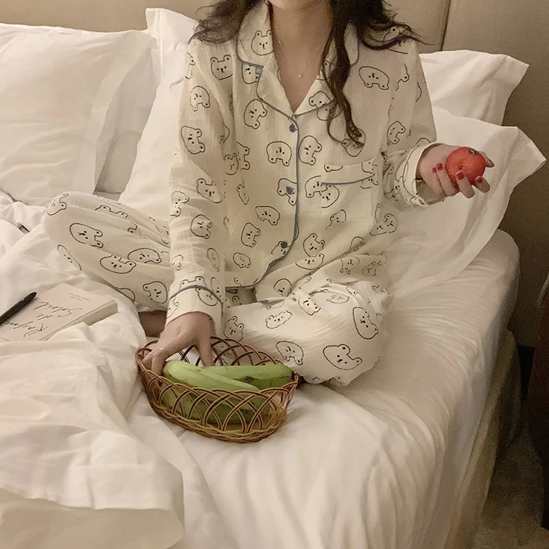 Cartoon Bear Print Autumn Home Suit Women Cotton Casual Two Piece Home Suit Kawaii Single Breasted Shirts + Trousers White