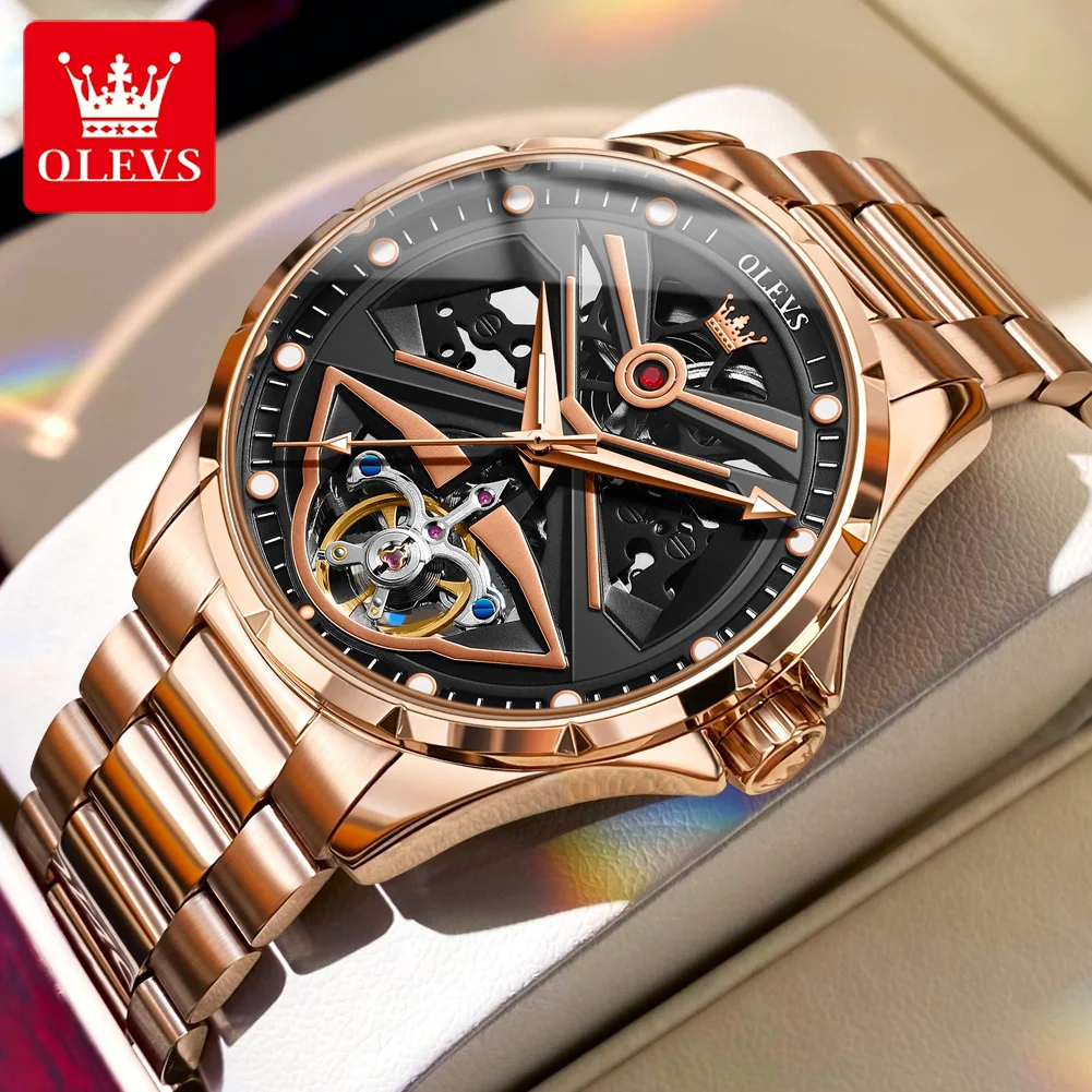 OLEVS Super Punk Skeleton Tourbillon Watch Men Stainless Steel Rose Gold Mechanical Watches Mens Waterproof Hollow Wristwatch