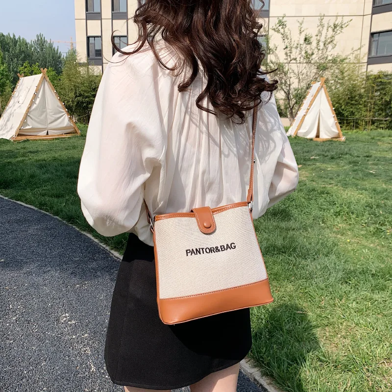 Simple Bucket Single-shoulder Canvas Crossbody Bags Fashion Retro Patchwork Underarm Bag for Women's 2023 New Casual Versatile