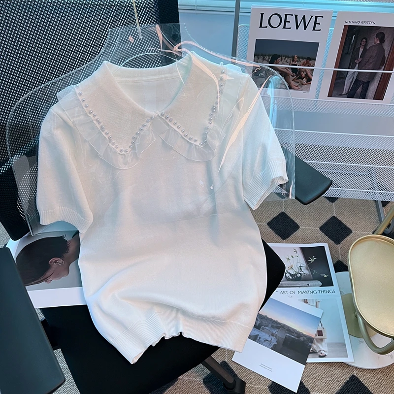 

Pearl Beading Knitted Sweater T Shirt Women 2022 Chic Summer Short Sleeve Pullover Ladies Tops Korean Fashion Knitwear Jumpers