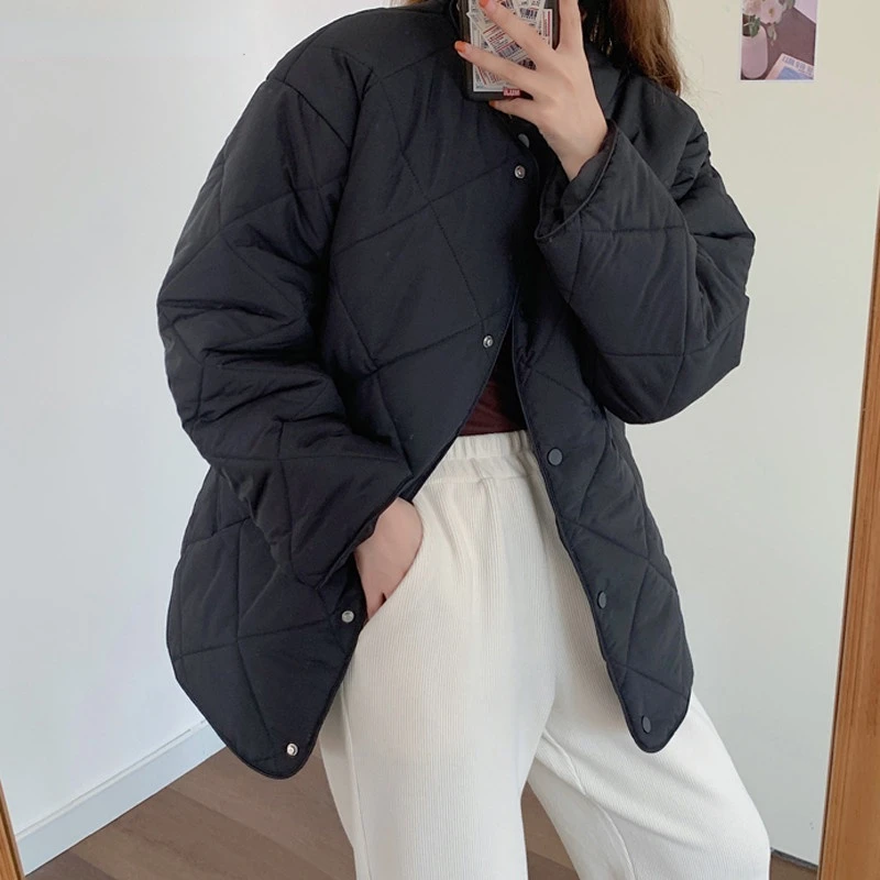 Winter new style 2022 Korean version loose fashion thin round neck diamond plaid cotton jacket simple cotton jacket women