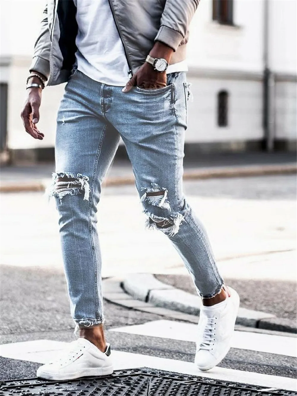 

Light blue Skinny Jeans men Streetwear Destroyed Ripped Jeans Homme Hip Hop Broken modis male Pencil Biker Hollow Out Jean Pants