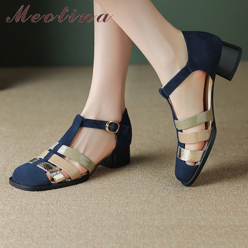 

Meotina Women Genuine Leather Gladiator Sandals Round Toe Chunky Mid Heels Sheepskin Buckle T-Tied Ladies Fashion Shoes Summer