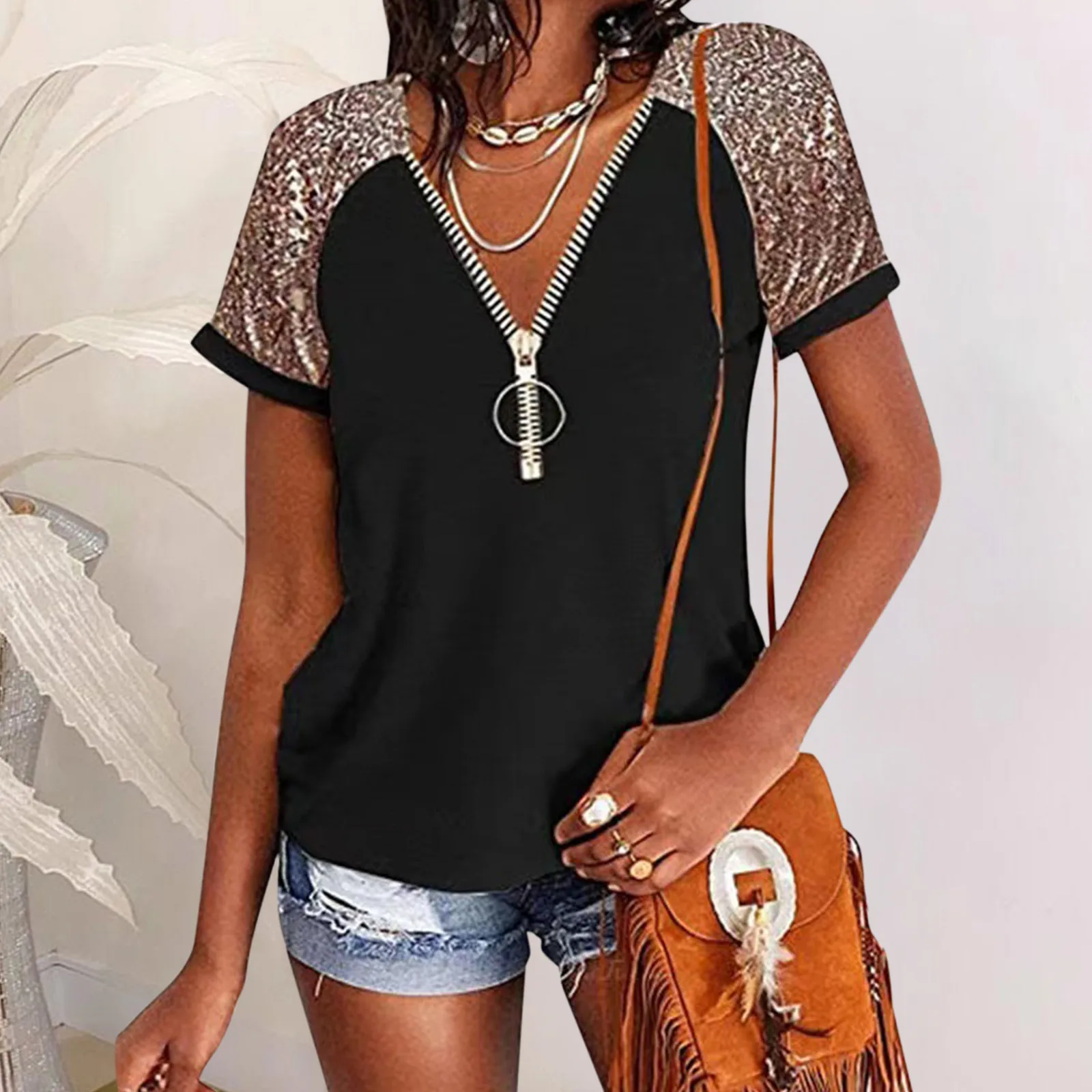 

Womens Summer Casual Loose V Neck Sequin Short Sleeve Tunic Tops Tee Shirts Black V Neck Tunic Shirts for Women 3x Shirt Women