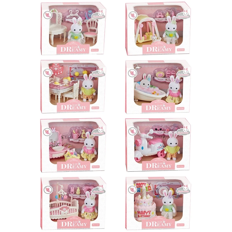 

2022 Play House Toy Little Bunny Bathtub/Dressing Table/Motorcycle/Cake Mini Furniture Role Play Game Set Girl Best