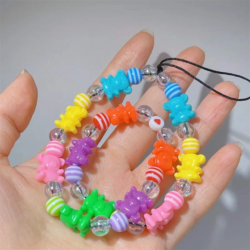 European and American Bohemian Rainbow Striped Beads ins Cute Color Bear Resin Trend Mobile Phone Chain Ladies Exquisite Jewelry