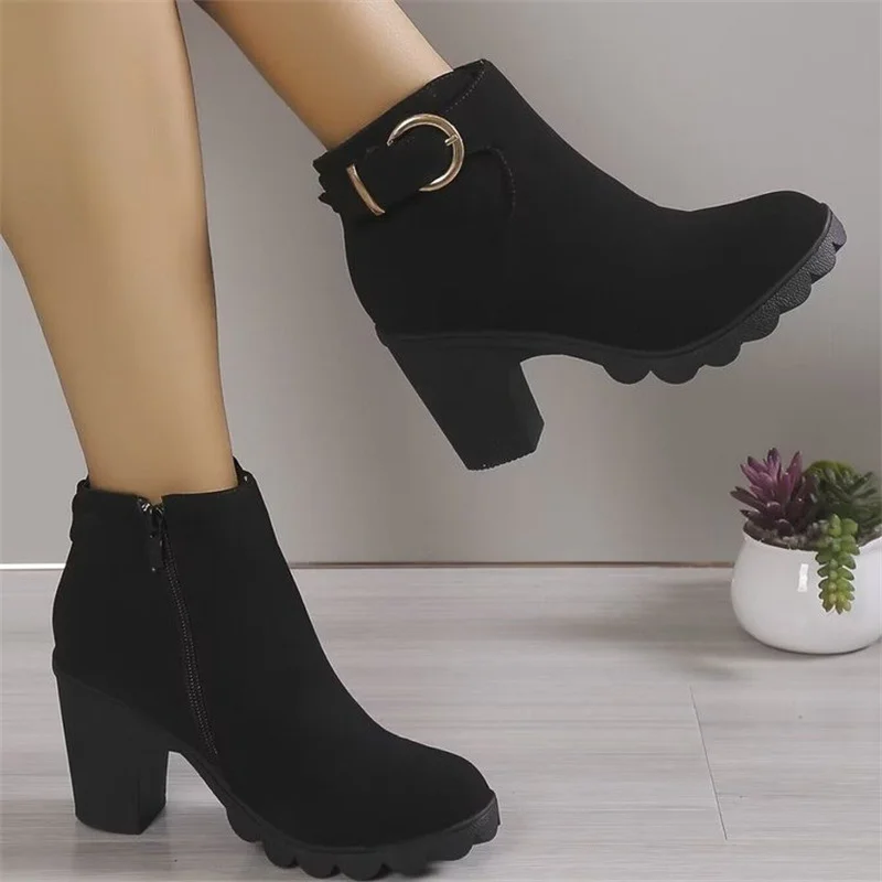 

Winter 2023 New High Heeled Women Boots Cross Straps Short Boots Comfortable Waterproof Boots Warm Plus Size 42 Botas Femininas