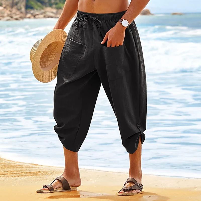 

Sweatpant Men Clothing Summer Adjustable Long Pant Casual Pocket Beach Trousers 2023 Solid Mid Wist Drawstring Loose Long Pants