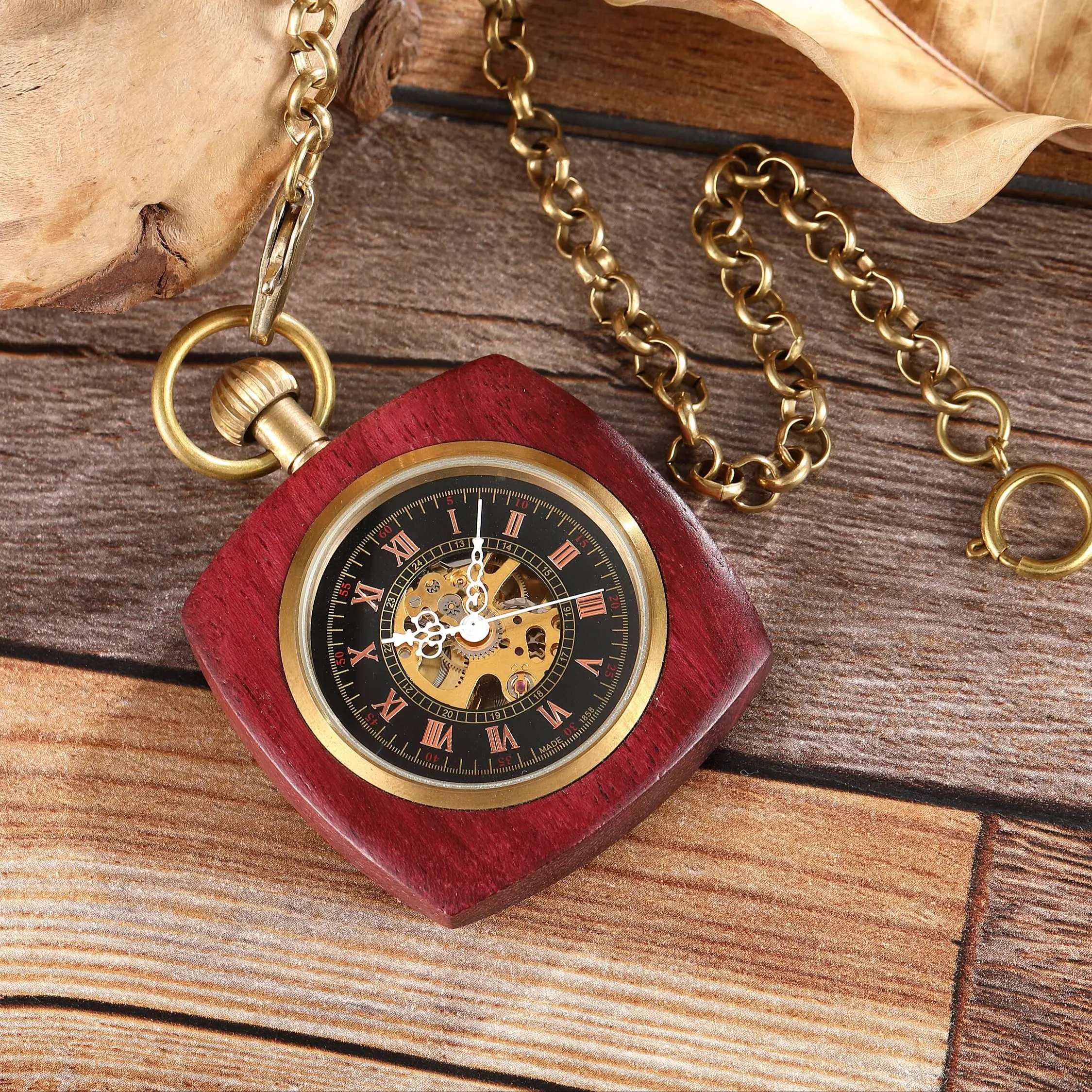Royal Square Bamboo Mechanical Pocket Watch Special Rome Cover Digital Chain Watch Face Alloy Pendant Necklace Male 2023