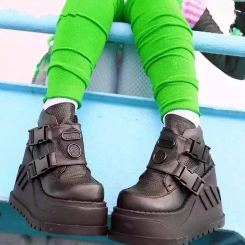 

Women's Vulcanized Shoes 2022 Motorcycle Boots Black Mesh Buckle Wedges Platform Boots Punk Goth Casual Big Size 43 Women Shoes