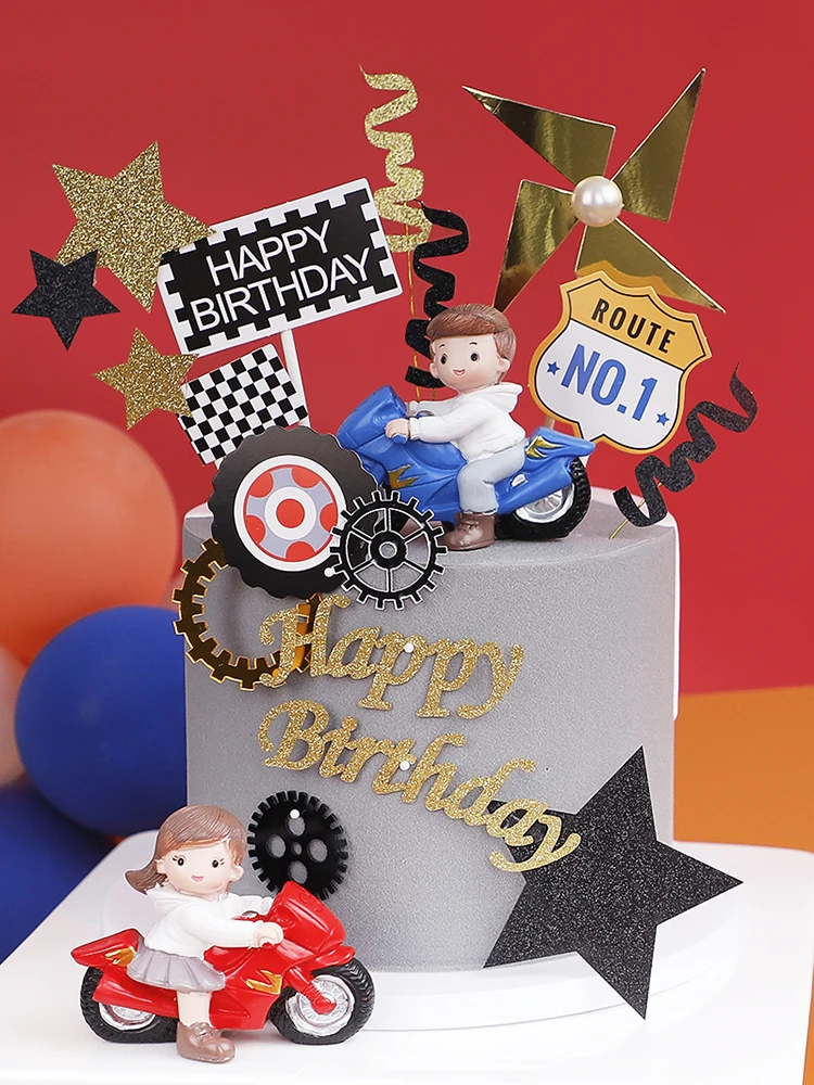 

Sports Motorcycle Prince Boy Girl Cake Topper Racing Acrylic Gear Decorations Kids Happy Birthday Favor Gifts Baking Supplies