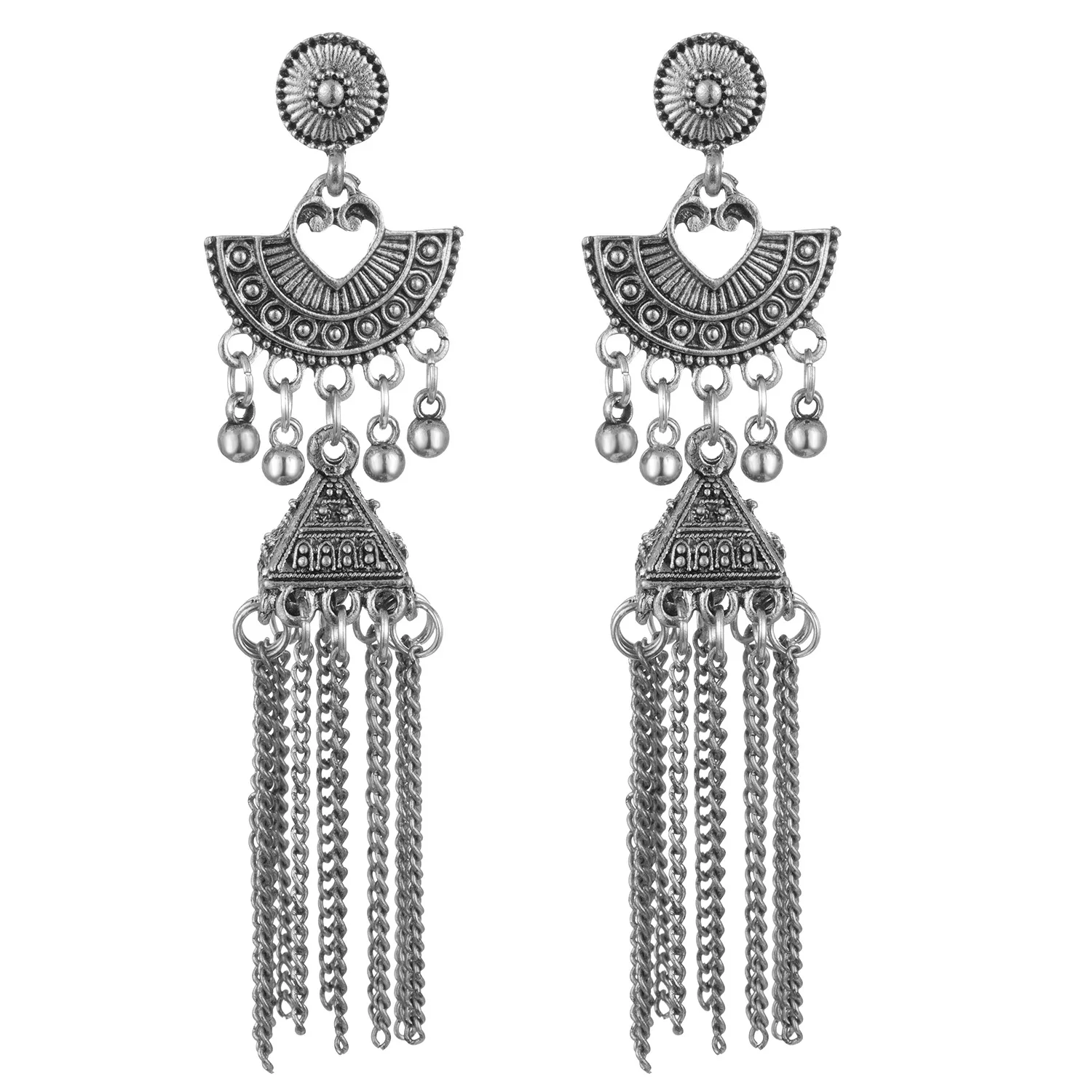 

Silver Color Vintage Sector Long Earrings For Women Girl Accessories Bell Chain Tassel Earring Metal Pendant Boho Jewelry Aretes