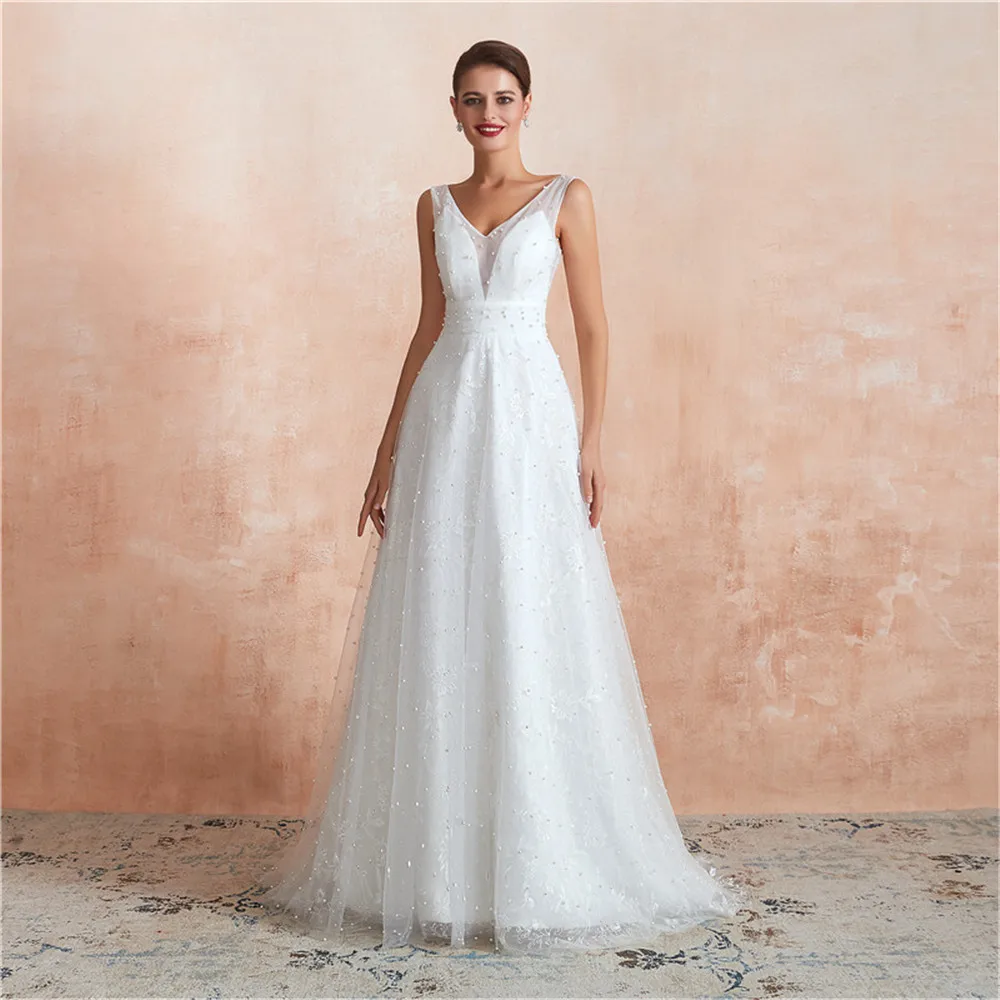 

Sexy Sleeveless A-Line Lace Wedding Dresses Beaded Pearls Zipper Bridal Gowns Spring Beach Formal Long Bride Wear Garden