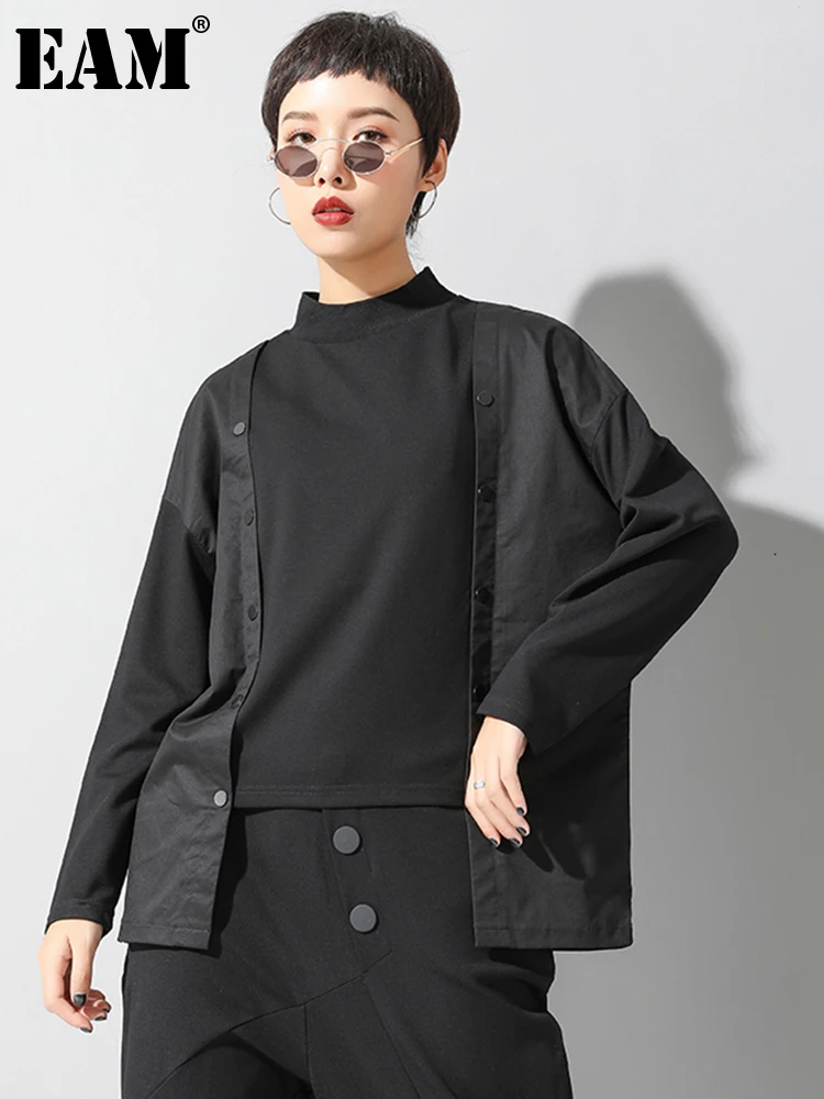 

[EAM] Loose Fit Balck Split Asymmetrical Sweatshirt New High Collar Long Sleeve Women Big Size Fashion Spring Autumn 2022 1H879