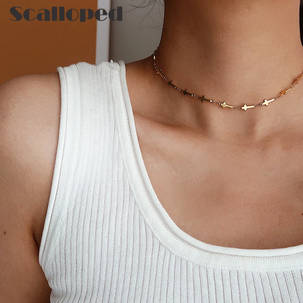 

SCALLOPED Woman Cross Chocker Necklace Stainless Steel Clavicle Chain European Popular Collars Lady Statement Jewelry