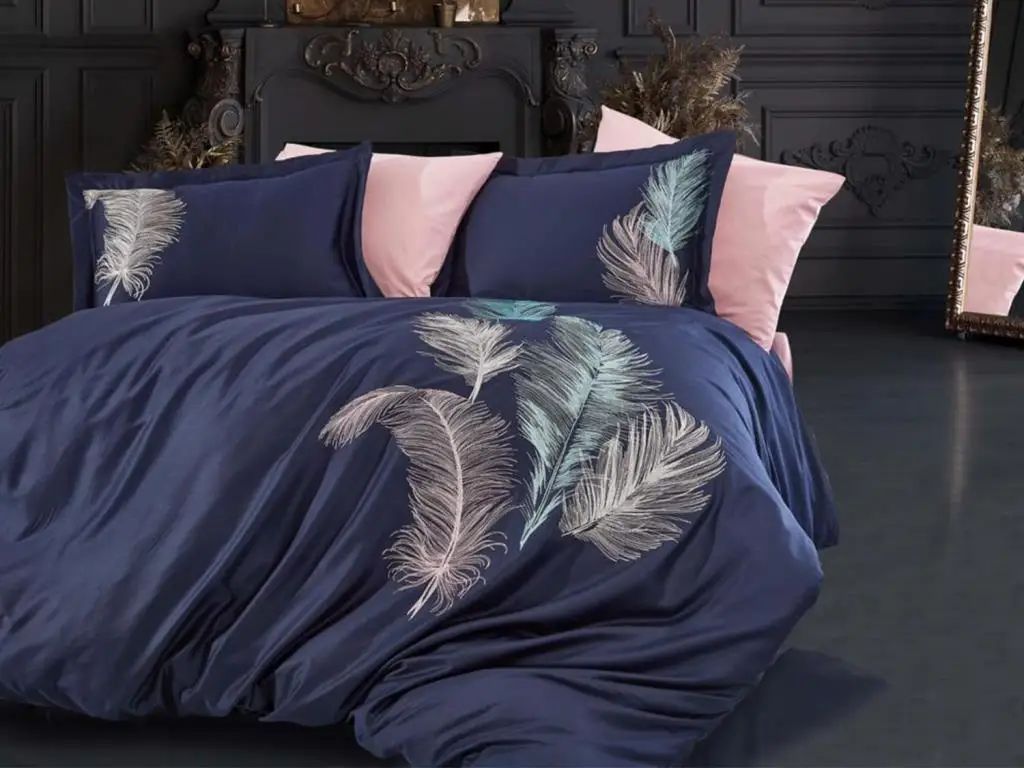 

Trace Embroideried Cotton Satin Double Duvet cover set Navy Blue