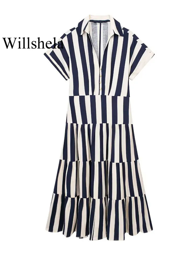

Willshela женское модное платье миди в полоску с пуговицами, винтажное платье с короткими рукавами и отворотом, женское шикарное платье