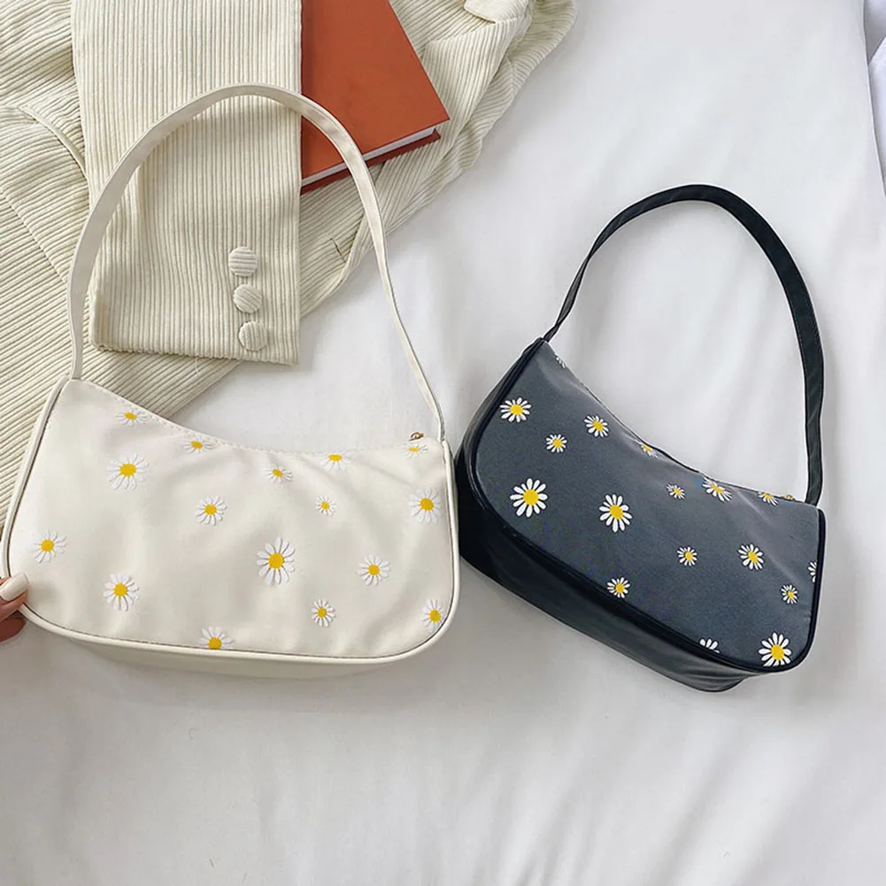 

Ladies Daisy Printing Design Shoulder Bags Underarm Bags Vintage PU Leather Leisure Shopping Small Purse Handbags