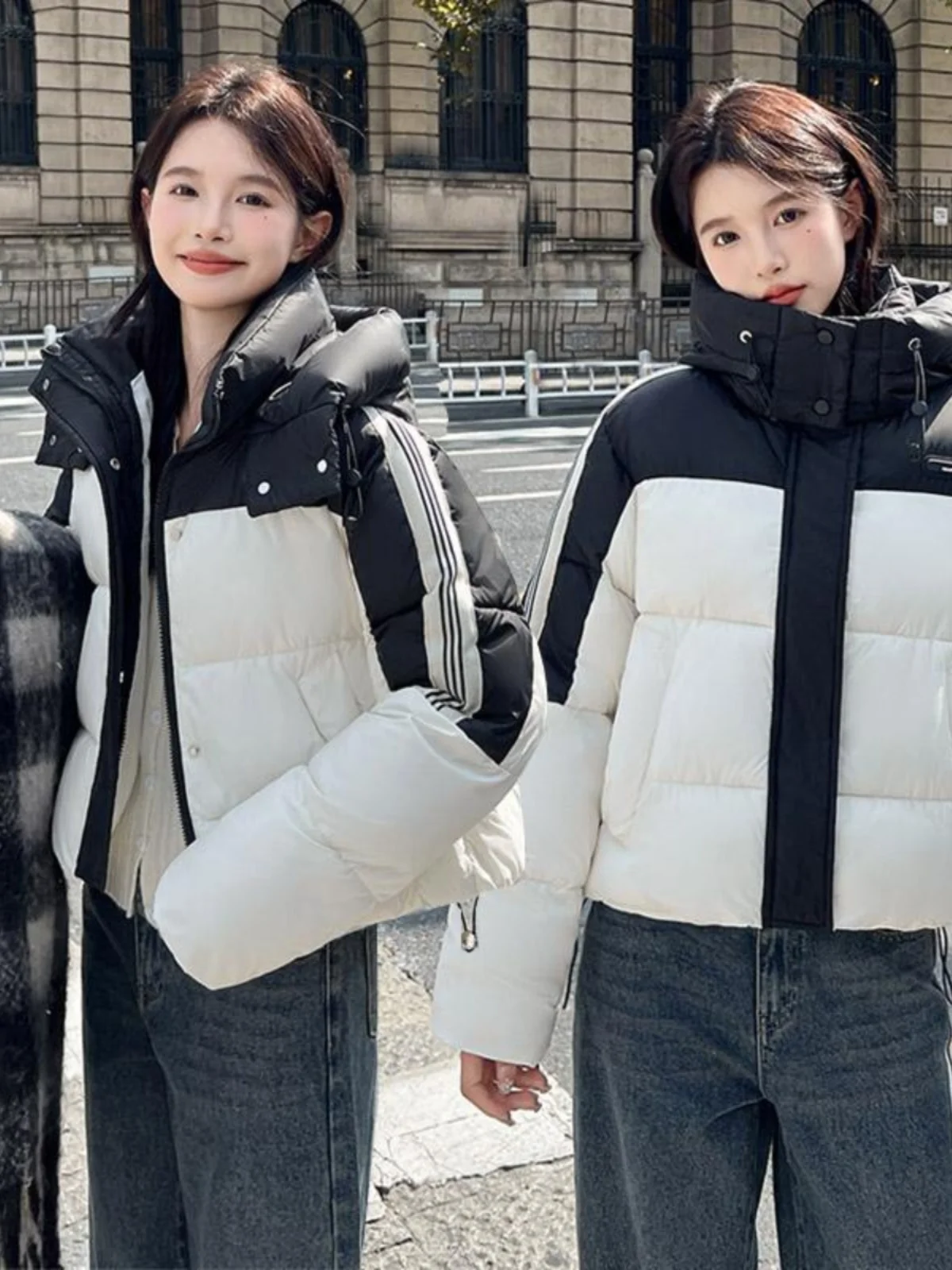 Корейский пуховик контрастного цвета с хлопковой подкладкой женская зимняя