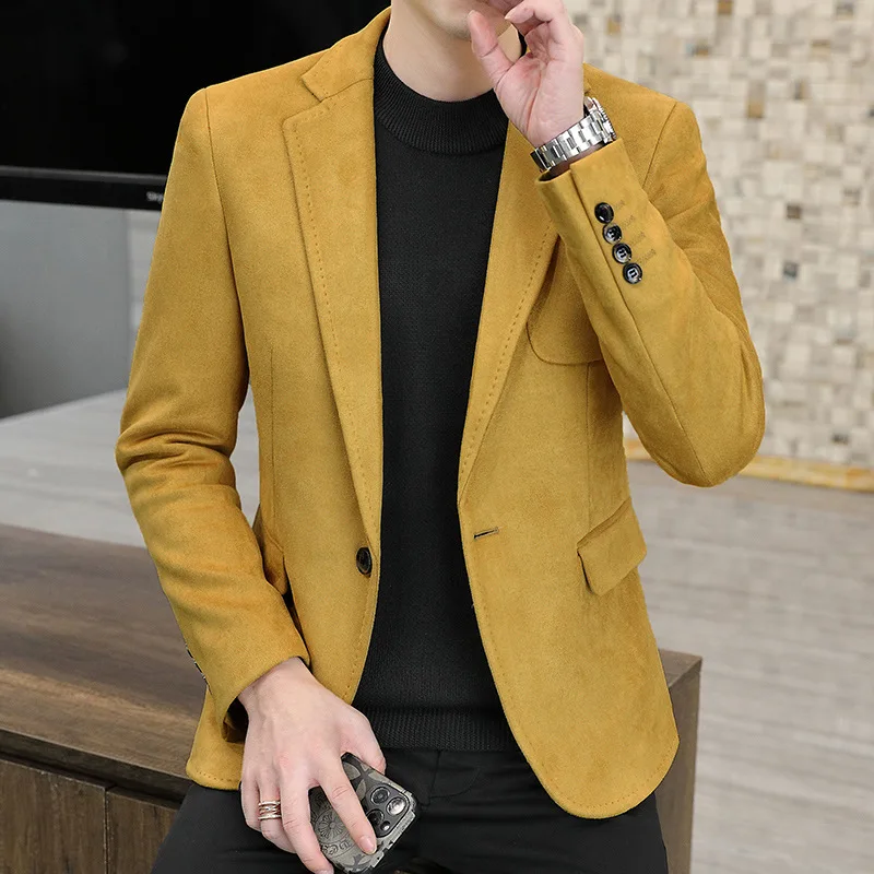 Men Yellow Vintage Suit Blazer Oversize Suede Fabric Blazers Plus Size 4xl 3xl Casual Green Button Up Suit Coat Male Suit Jacket