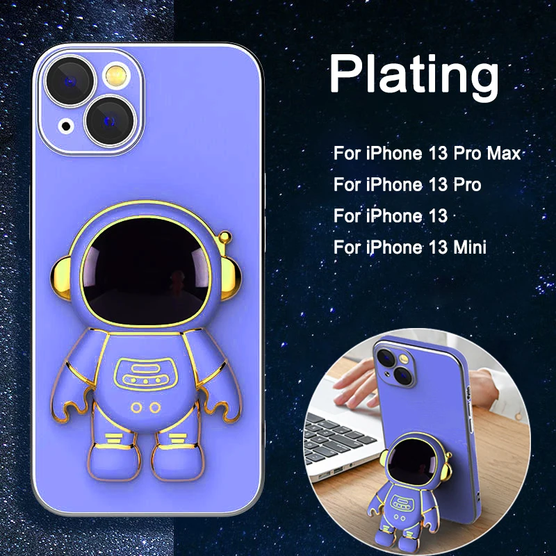 Astronaut Fold Stand Holder Phone Case for IPhone 14 11 12 13 Pro Max Mini XS XR X 7 8 Plus SE 2020 Luxury Plating Soft Cover