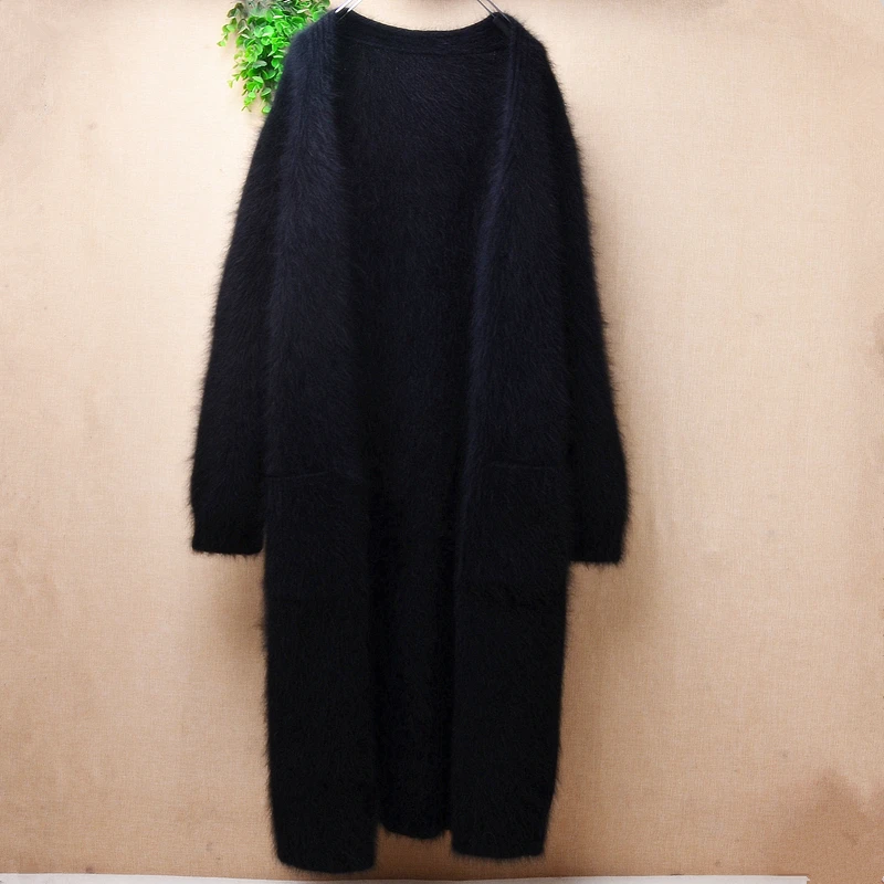 

Женская осенне-зимняя одежда, черный норковый кашемировый вязаный костюм с воротником и длинным рукавом, Свободный Длинный свитер