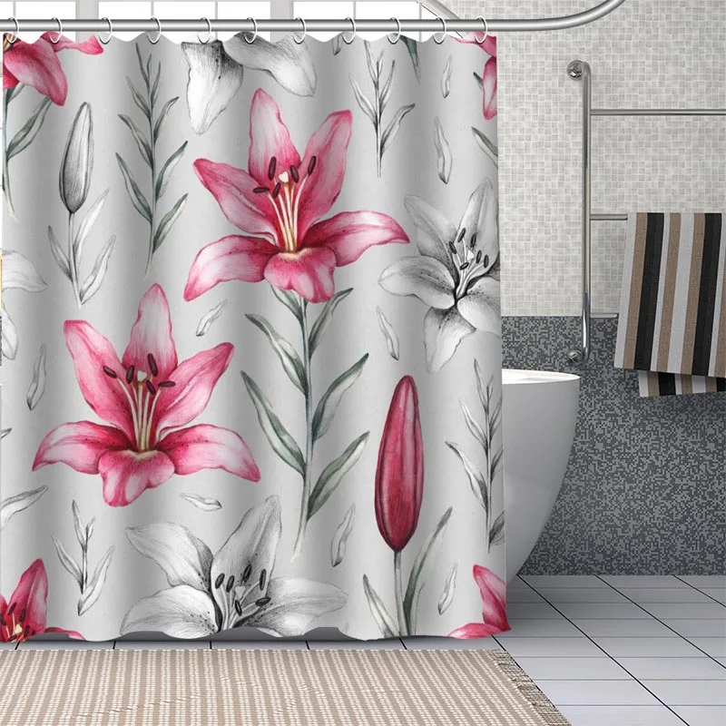 

Занавески для душа с цветком лилии на заказ, водонепроницаемые тканевые шторы для ванной комнаты, товары для украшения, моющаяся занавеска для ванной комнаты 11,11