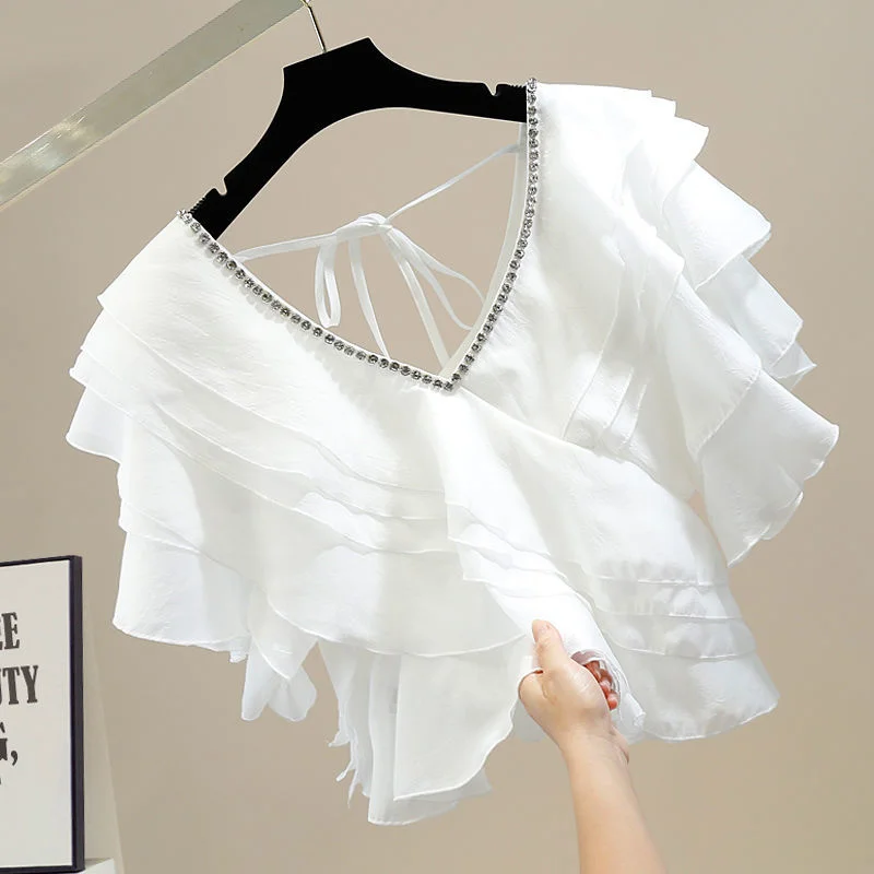 

T-shirt Heavy Industry Diamond Lace Up Sweet Irregular Ruffle Stitching V-neck Design Top Women Shirt