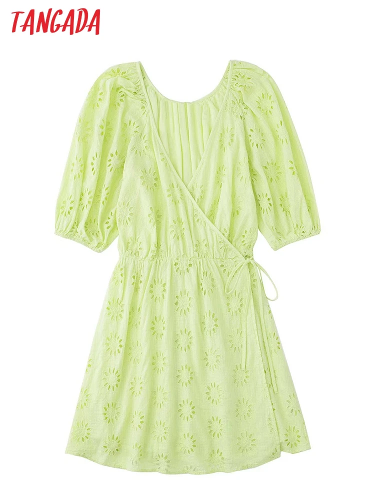 

Tangada Women Hollow Embroidery Cotton Wrap Dress Short Sleeve with Bow Females Mini Dresses 3H512