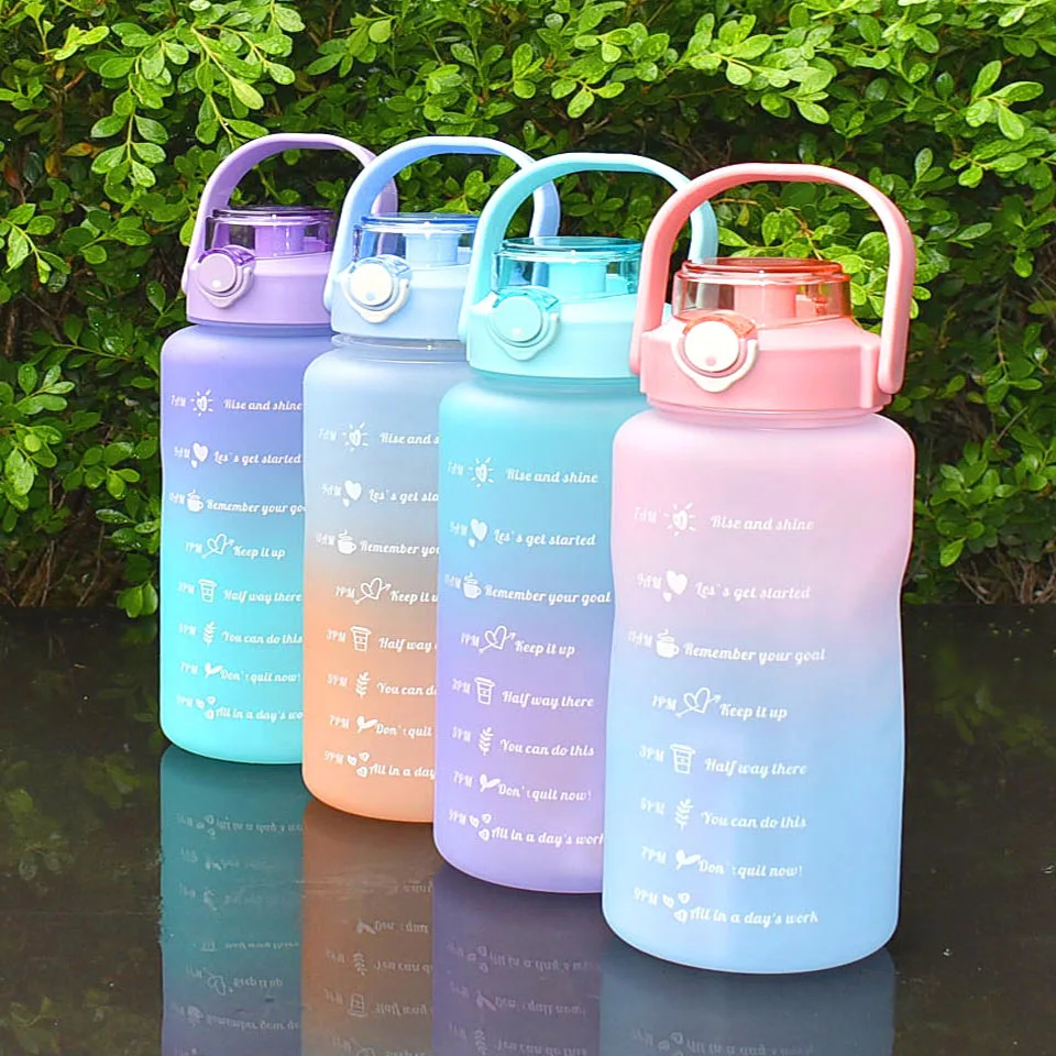 

2000ml Water Bottle with Straw Half Gallon 64oz Motivational Time Marker Large Capacity Cup Frosted Gradient BPA Free Anti-Slip
