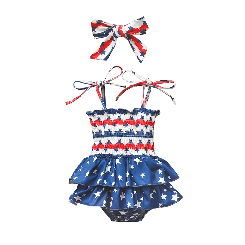 

Baby Summer Outfit Stripe Star Print Sleeveless Tie-Up Flounced Romper+ Headband for Independence Day, 0-18 Months