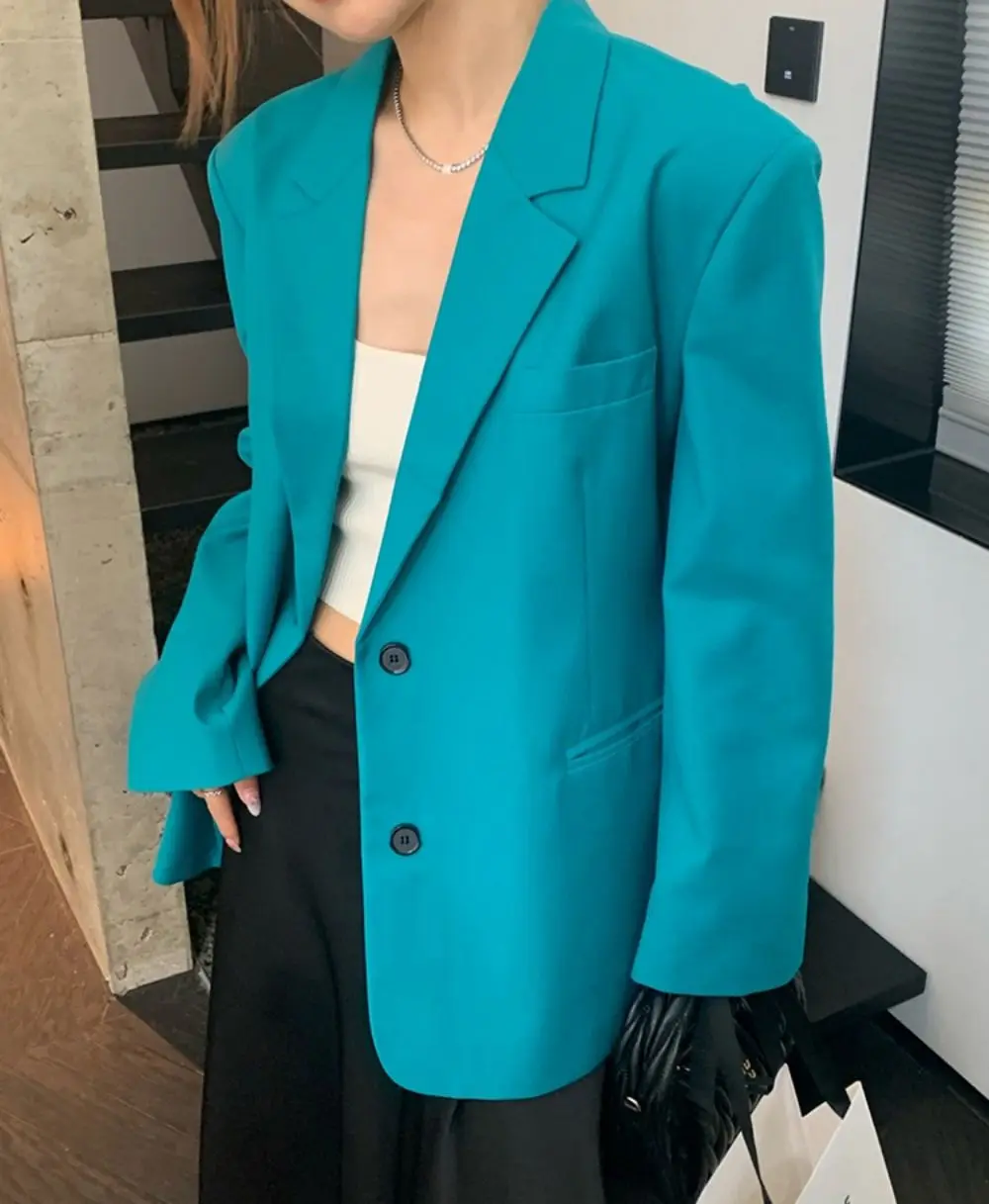 Lake blue Loose Blazers For Women Notched Collar Long Sleeve Single Breasted Spring Casual Fashion Suits Jacket Female Clothing