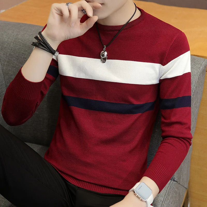 Thin Section Long-sleeved Sweater Men's Round Neck Pullover Striped Sweater Half-sleeved T-shirt Men's Slim Student Bottoming Sh