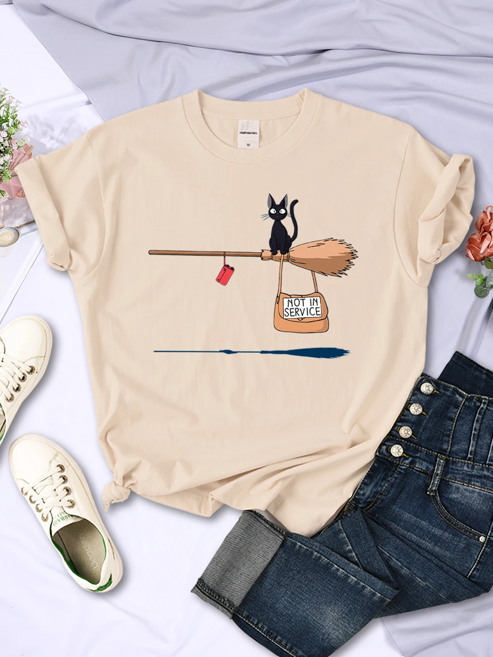 T-shirt Rond Doux et Vintage à la Mode pour Femme et Couple  Impression de Bandes Dessinées  Chat