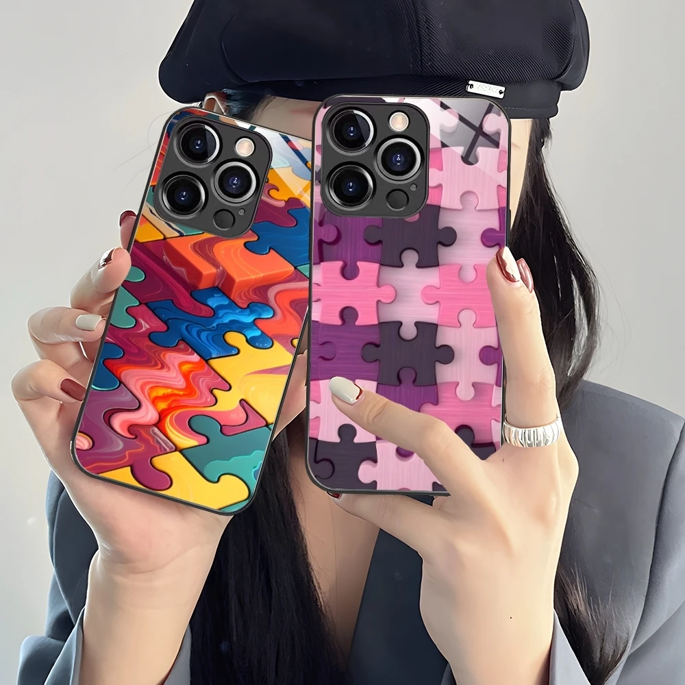 Puzzle Pretty Fashion Mobile Cell Phone Case for iPhone 16 15 14 13 12 11 X XR XS 8 Pro Max Plus Mini PC Glass Cover Shell